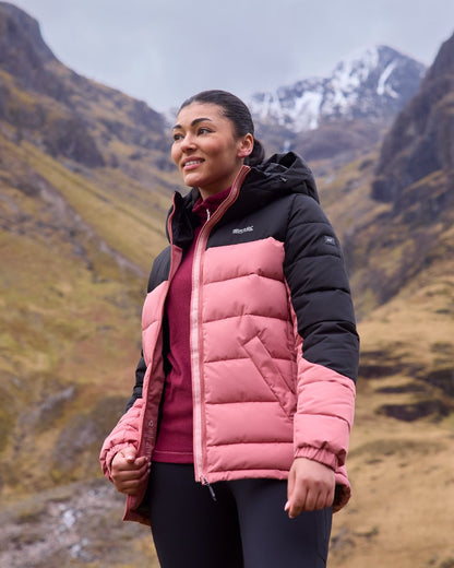 Dusty Rose Black Coloured Regatta Womens Aldthorn Quilted Jacket on mountain background 
