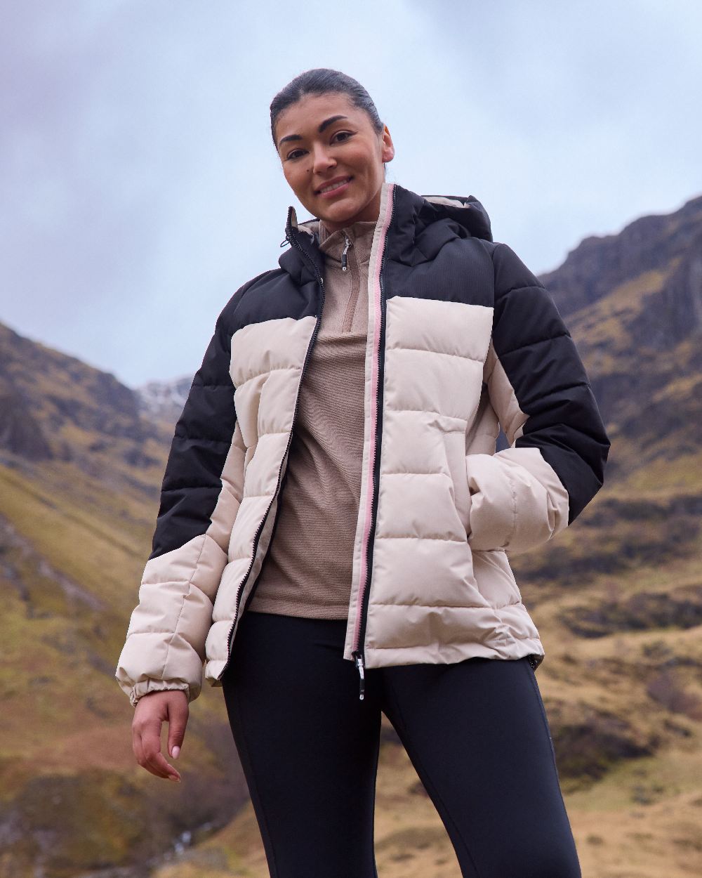 Perfectly Pale Black Coloured Regatta Womens Aldthorn Quilted Jacket on mountain background 