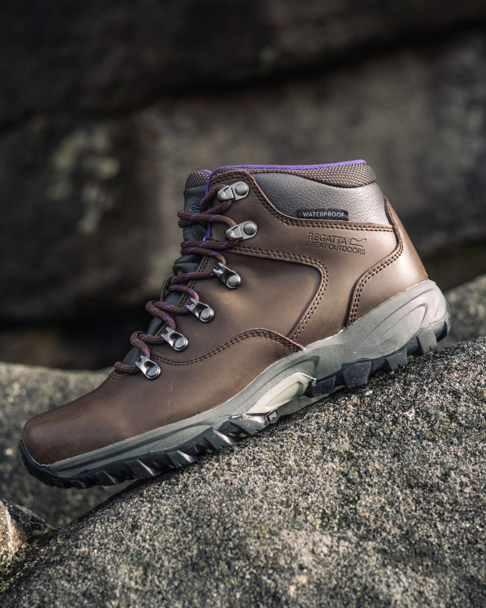 Brown Coloured Regatta Womens Bainsford Waterproof Walking Boots on blur background 
