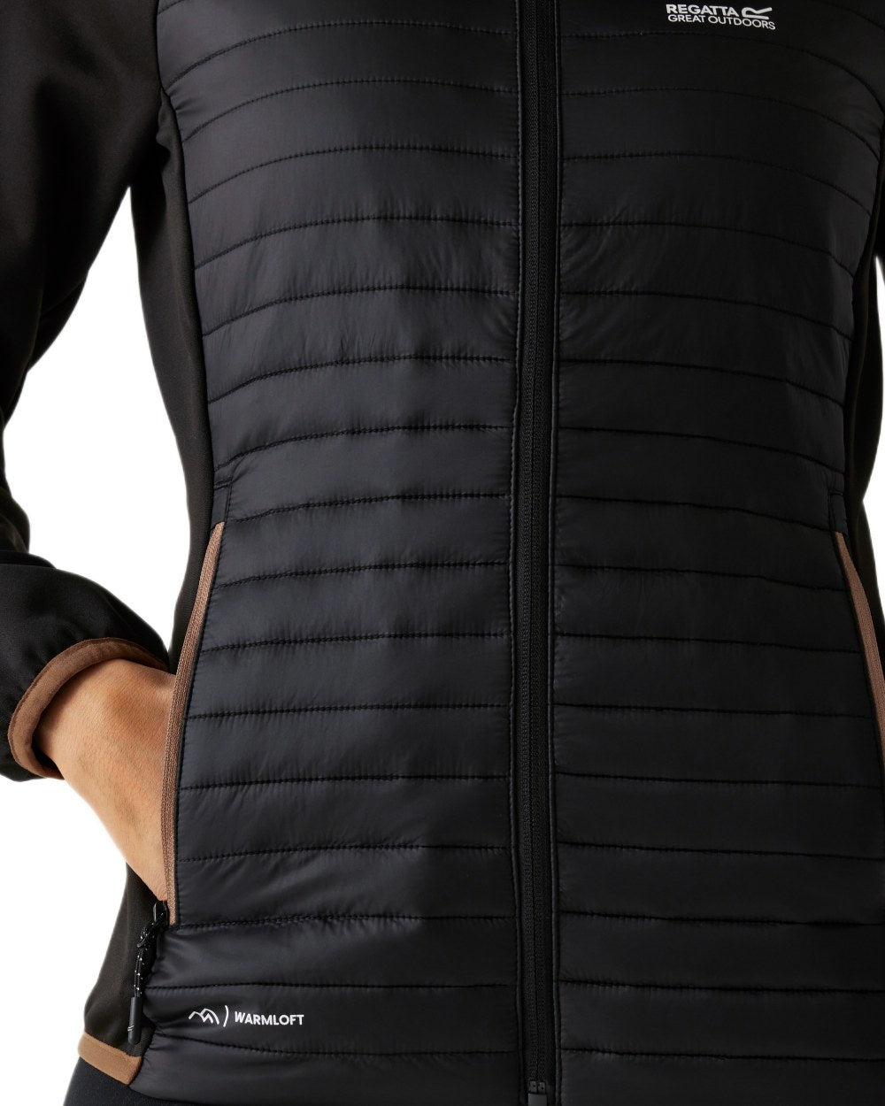 Black Mocha Coloured Regatta Womens Clumber Hybrid Jacket on white background 
