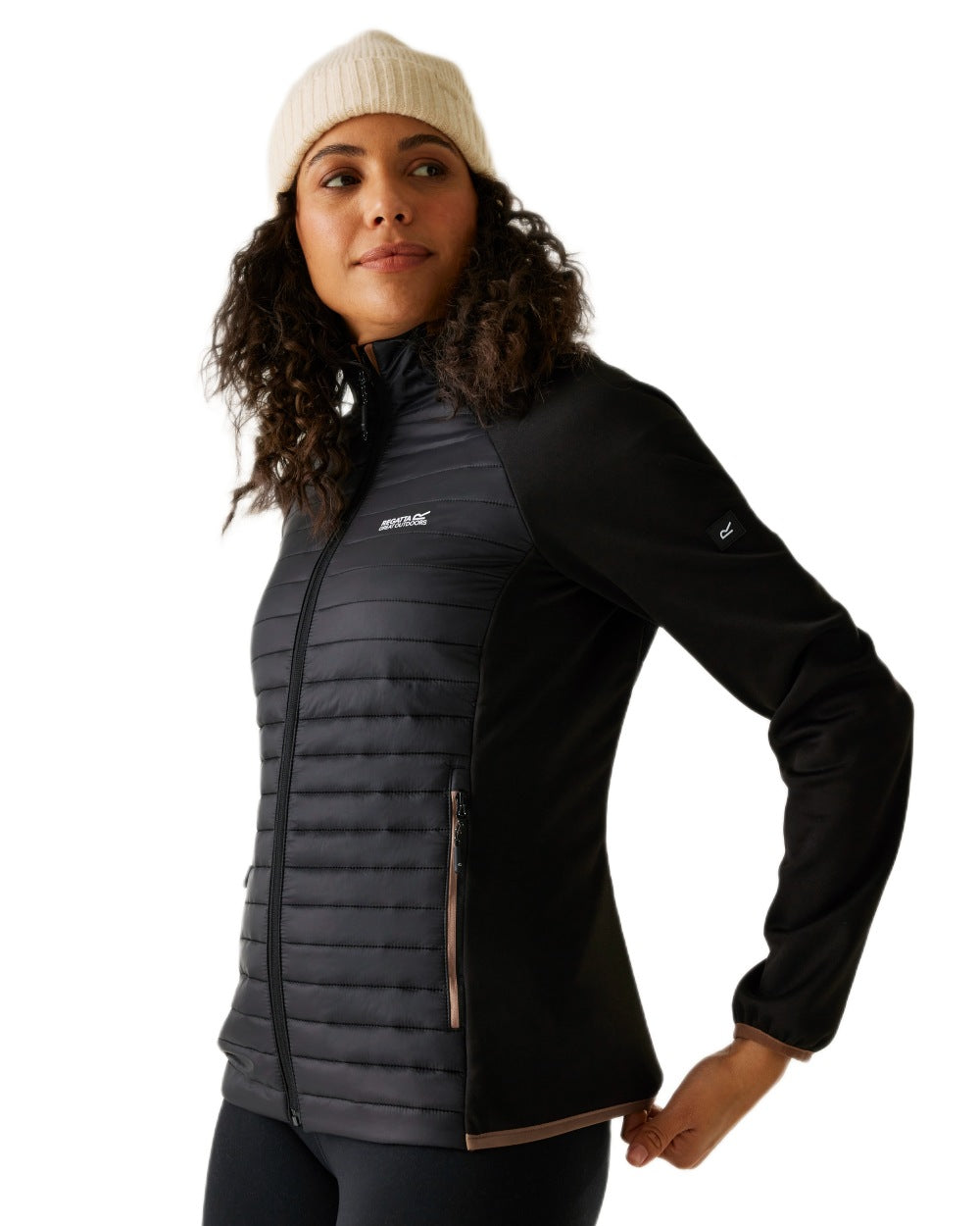 Black Mocha Coloured Regatta Womens Clumber Hybrid Jacket on white background 
