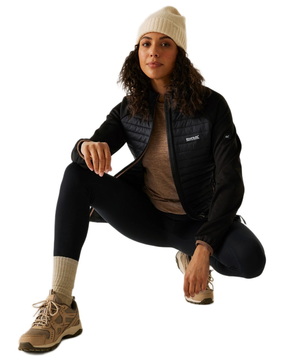 Black Mocha Coloured Regatta Womens Clumber Hybrid Jacket on white background 