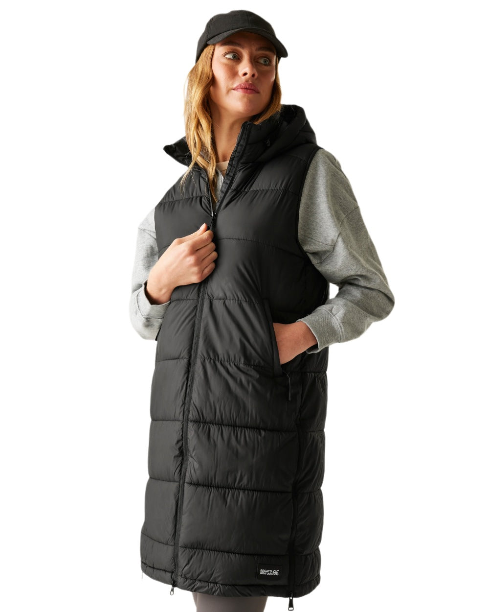 Black Coloured Regatta Womens Ganella Quilted Longline Gilet on white background 