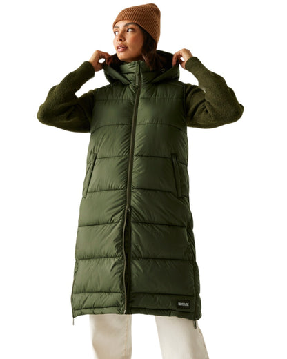 Dark Khaki Coloured Regatta Womens Ganella Quilted Longline Gilet on white background 
