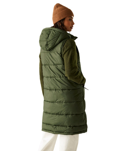Dark Khaki Coloured Regatta Womens Ganella Quilted Longline Gilet on white background 