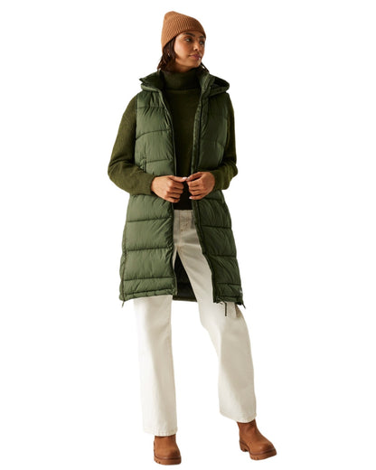Dark Khaki Coloured Regatta Womens Ganella Quilted Longline Gilet on white background 