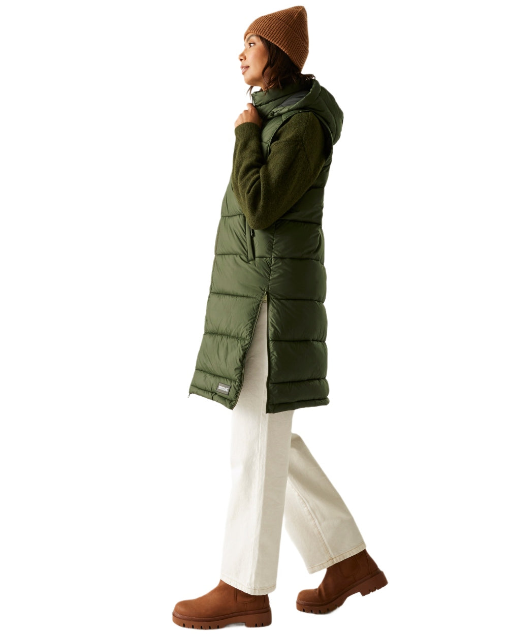 Dark Khaki Coloured Regatta Womens Ganella Quilted Longline Gilet on white background 