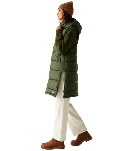 Dark Khaki Coloured Regatta Womens Ganella Quilted Longline Gilet on white background 