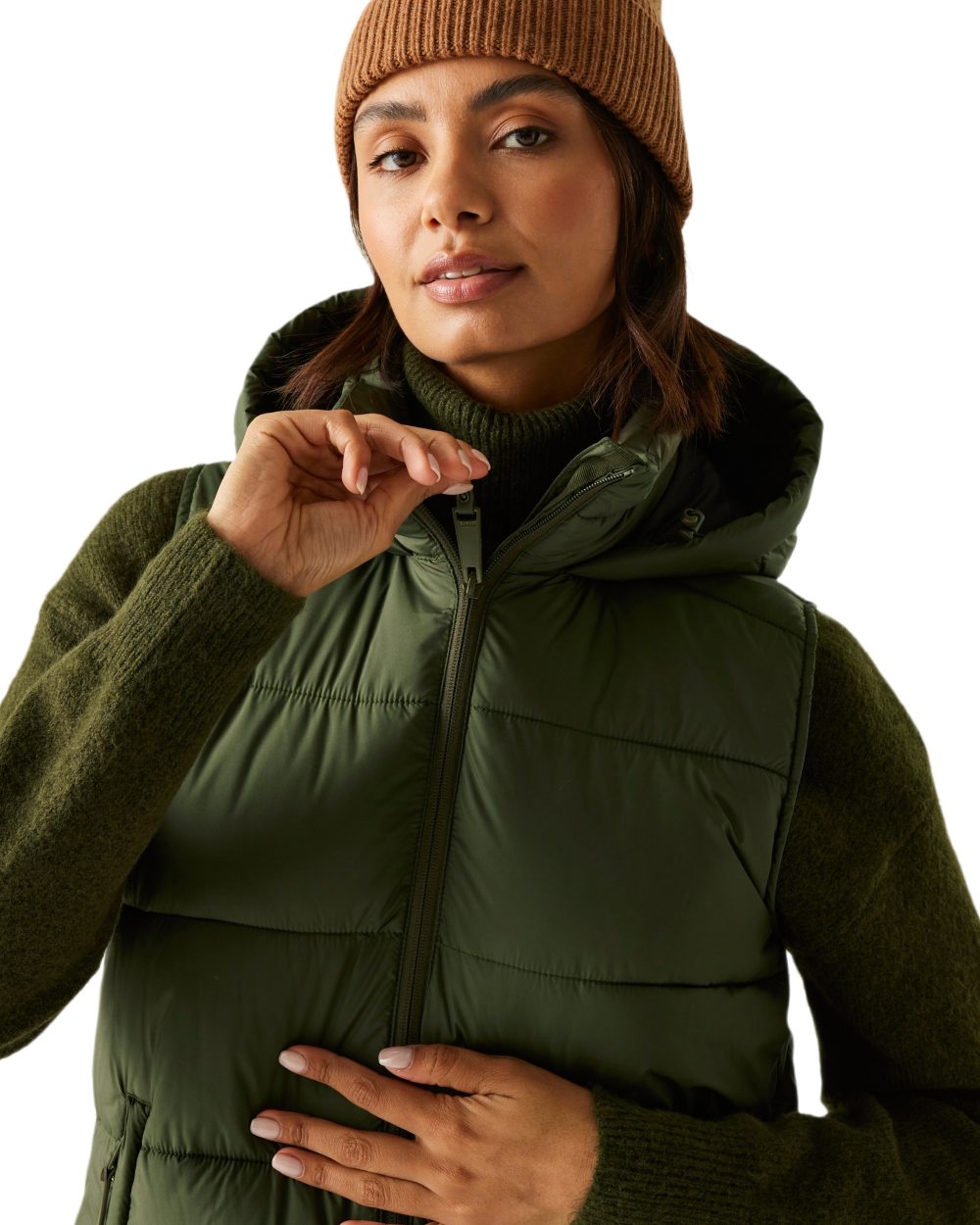 Dark Khaki Coloured Regatta Womens Ganella Quilted Longline Gilet on white background 