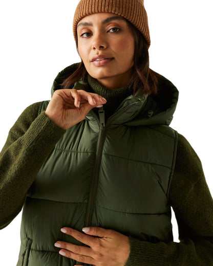 Dark Khaki Coloured Regatta Womens Ganella Quilted Longline Gilet on white background 