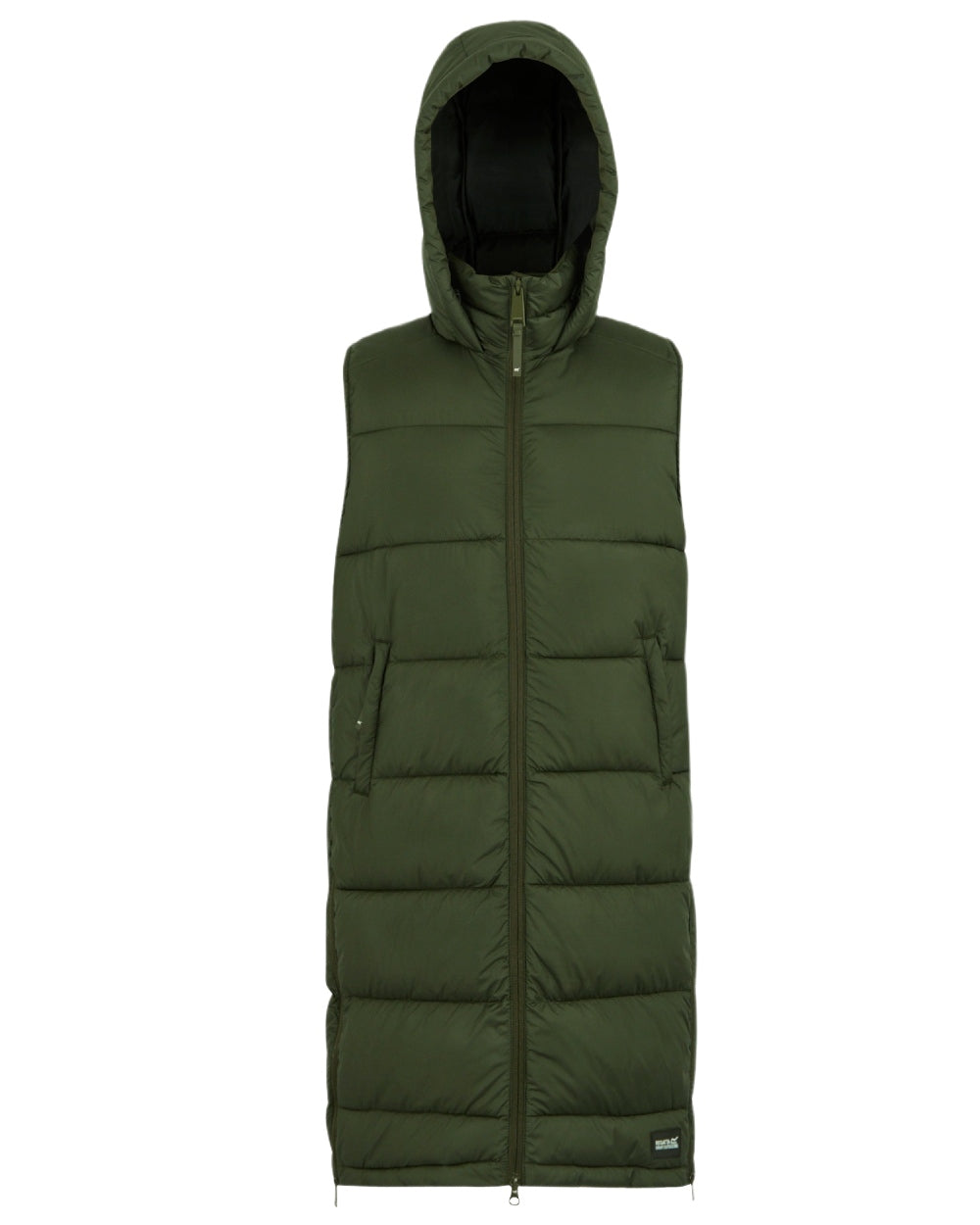Dark Khaki Coloured Regatta Womens Ganella Quilted Longline Gilet on white background 