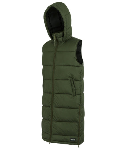 Dark Khaki Coloured Regatta Womens Ganella Quilted Longline Gilet on white background 