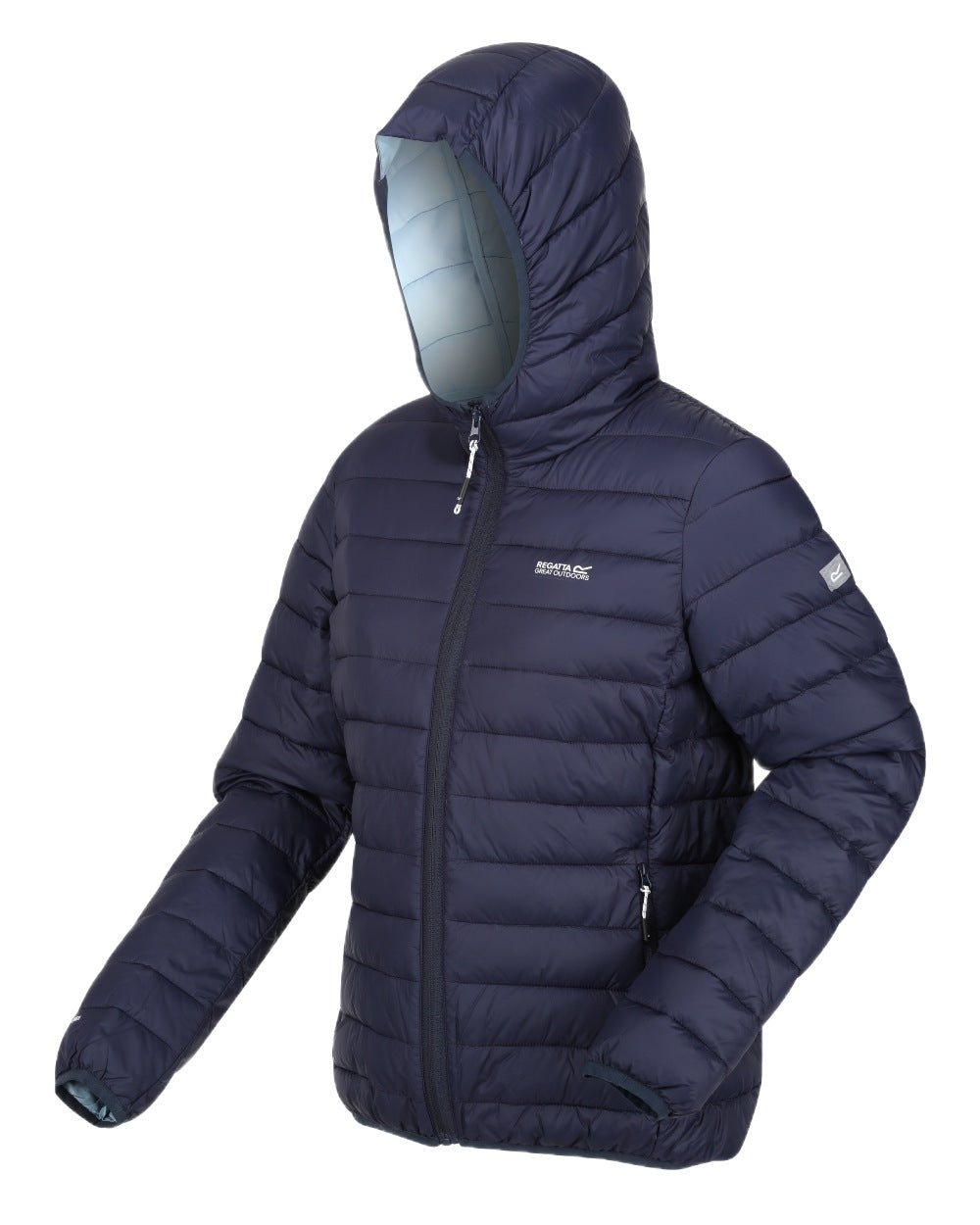Navy Sea Haze Coloured Regatta Womens Hooded Marizion Quilted Jacket on white background 