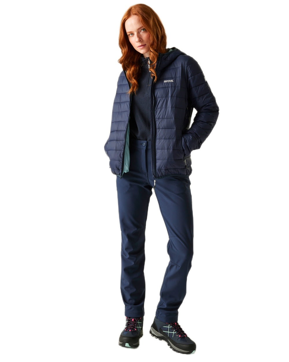Navy Sea Haze Coloured Regatta Womens Hooded Marizion Quilted Jacket on white background 