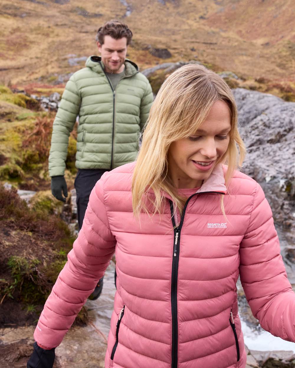 Dusty Rose Coloured Regatta Womens Marizion Quilted Jacket on mountain background 