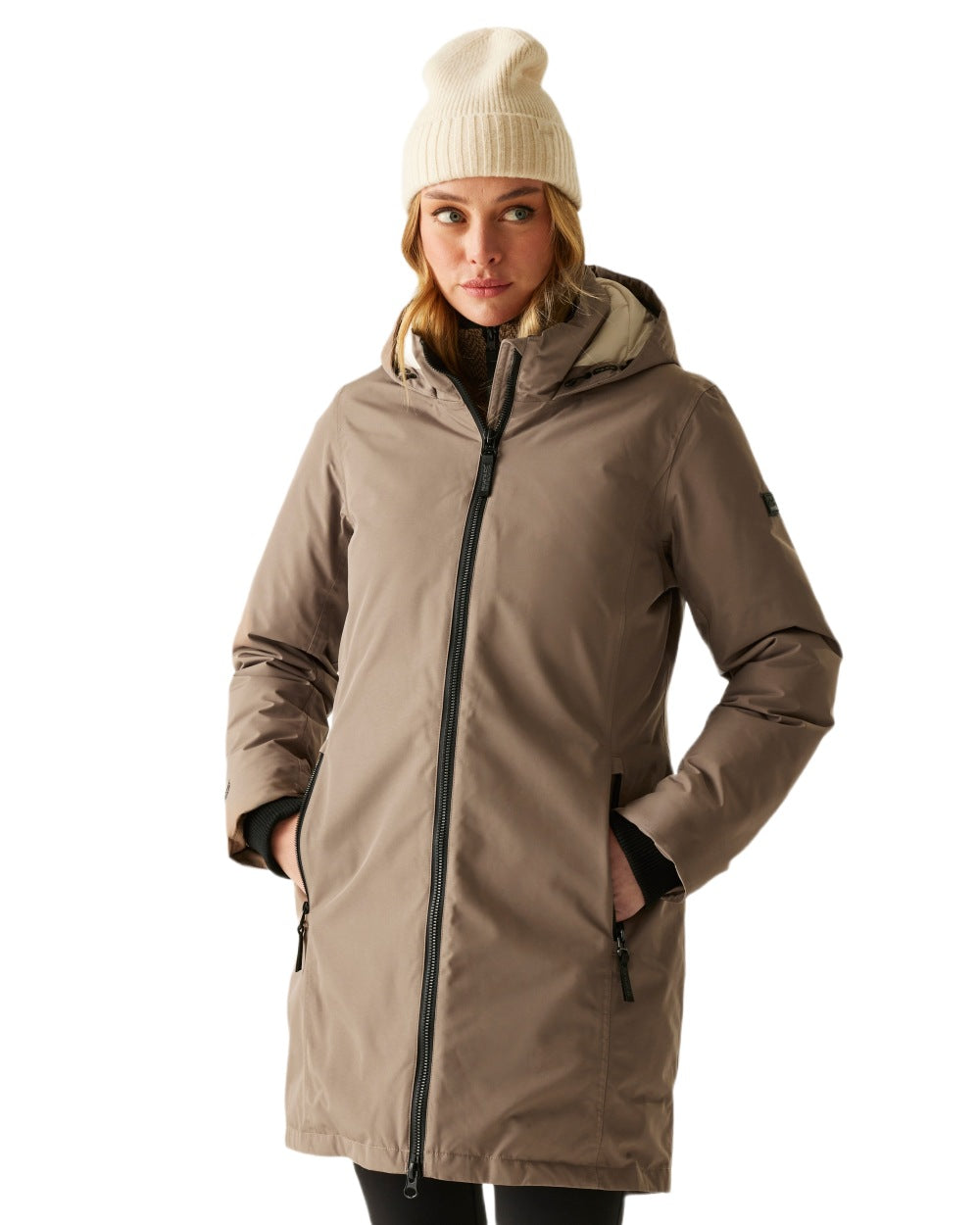 Mocha Perfectly Pale Coloured Regatta Womens Marron Waterproof Insulated Jacket on white background 