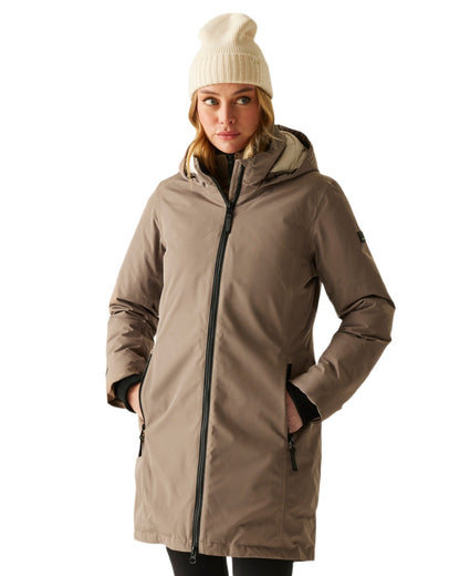 Mocha Perfectly Pale Coloured Regatta Womens Marron Waterproof Insulated Jacket on white background 
