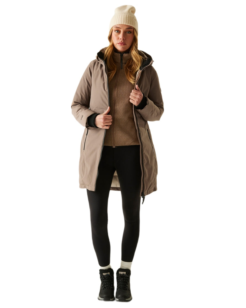 Mocha Perfectly Pale Coloured Regatta Womens Marron Waterproof Insulated Jacket on white background 