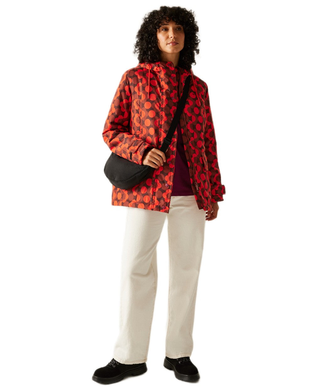 Frilly Flower Red Coloured Regatta Womens Orla Kiely Mid Length Waterproof Jacket on white background 