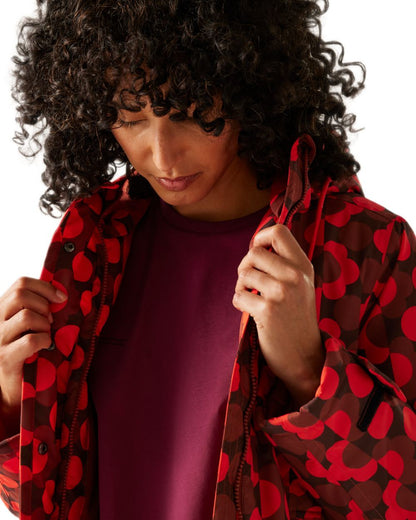 Frilly Flower Red Coloured Regatta Womens Orla Kiely Mid Length Waterproof Jacket on white background 