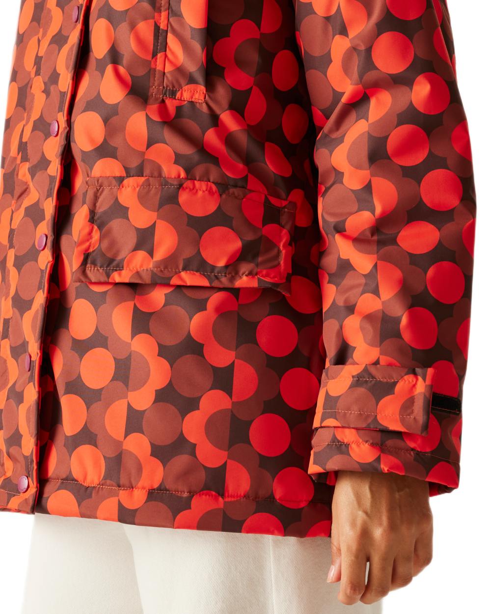 Frilly Flower Red Coloured Regatta Womens Orla Kiely Mid Length Waterproof Jacket on white background 