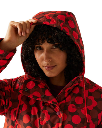 Frilly Flower Red Coloured Regatta Womens Orla Kiely Mid Length Waterproof Jacket on white background 