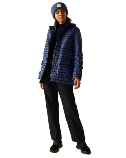 Large Wiggle Blue Coloured Regatta Womens Orla Kiely Mid Length Waterproof Jacket on white background 