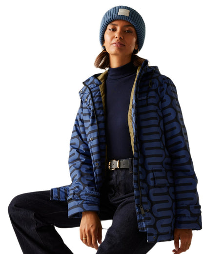 Large Wiggle Blue Coloured Regatta Womens Orla Kiely Mid Length Waterproof Jacket on white background 