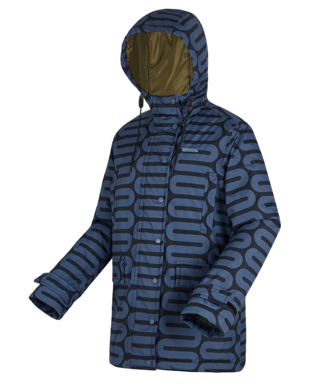 Large Wiggle Blue Coloured Regatta Womens Orla Kiely Mid Length Waterproof Jacket on white background 