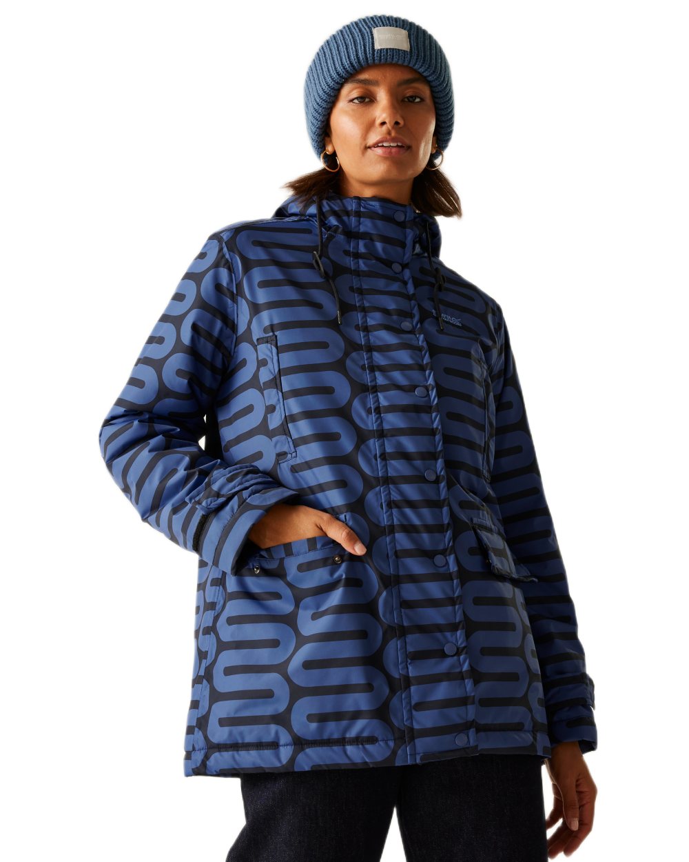 Large Wiggle Blue Coloured Regatta Womens Orla Kiely Mid Length Waterproof Jacket on white background 