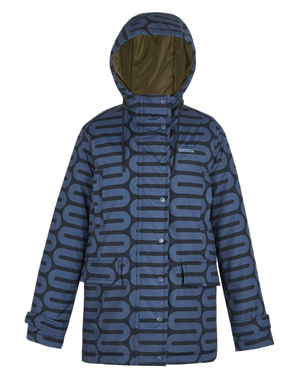 Large Wiggle Blue Coloured Regatta Womens Orla Kiely Mid Length Waterproof Jacket on white background 
