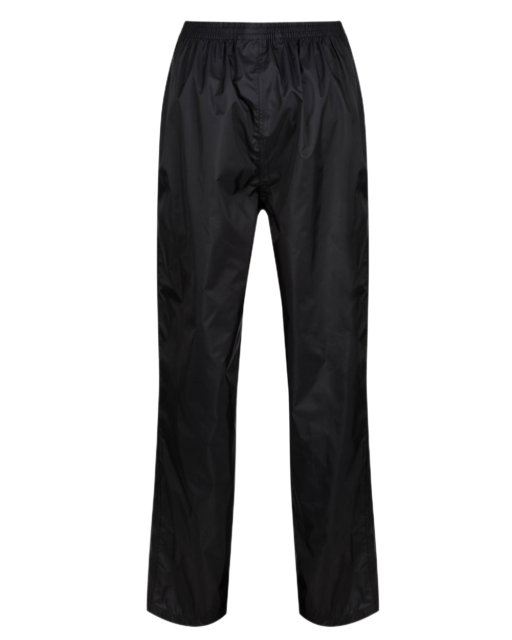 Black Coloured Regatta Womens Pack It Waterproof Overtrousers on white background 