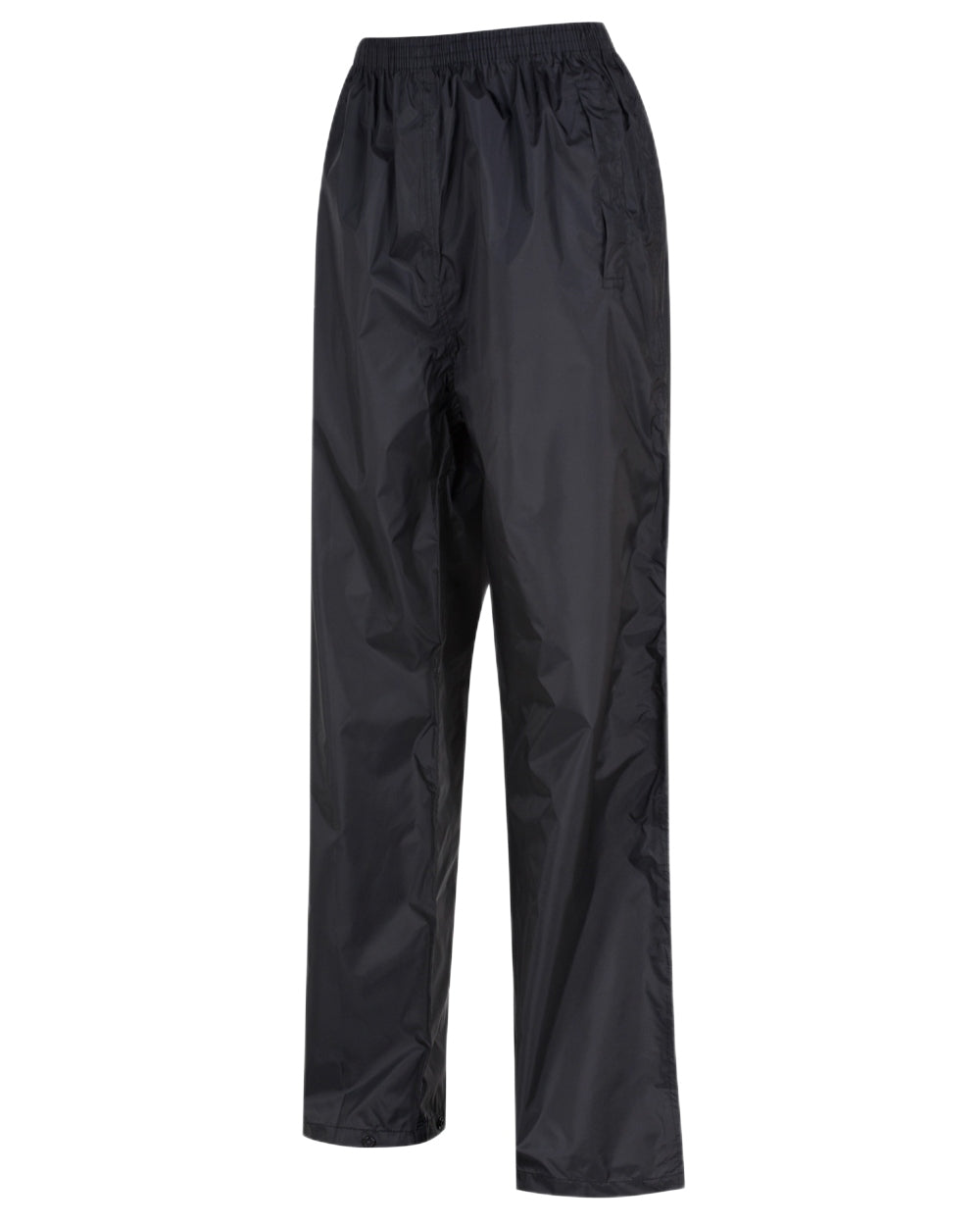 Black Coloured Regatta Womens Pack It Waterproof Overtrousers on white background 