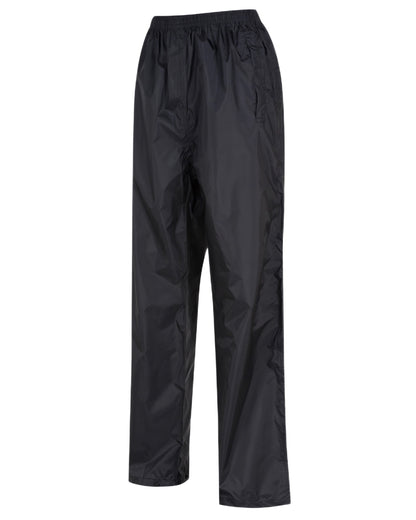 Black Coloured Regatta Womens Pack It Waterproof Overtrousers on white background 