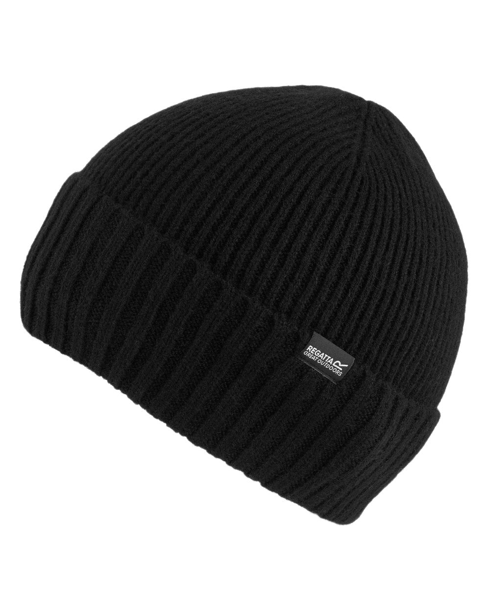 Black Coloured Regatta Womens Ribbed Basic Beanie on white background 