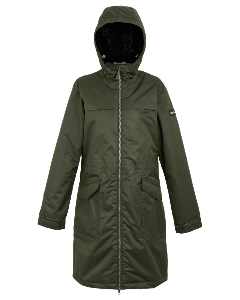 Dark Khaki Black Coloured Regatta Womens Romine II Waterproof Parka Jacket on white background 