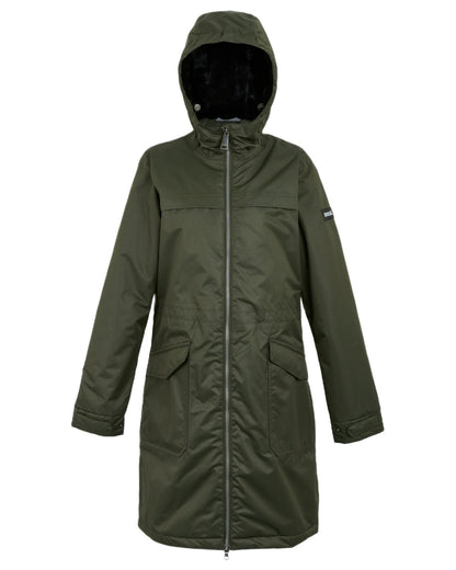 Dark Khaki Black Coloured Regatta Womens Romine II Waterproof Parka Jacket on white background 