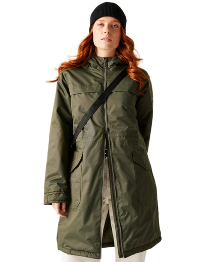 Dark Khaki Black Coloured Regatta Womens Romine II Waterproof Parka Jacket on white background 