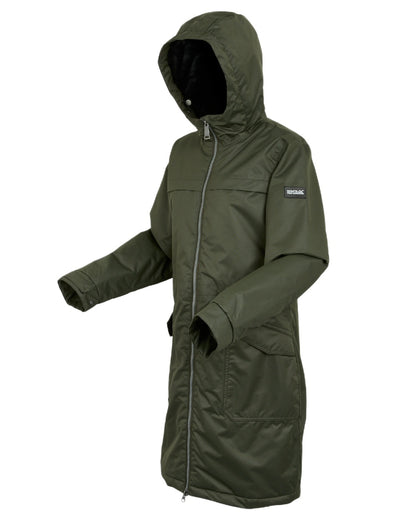 Dark Khaki Black Coloured Regatta Womens Romine II Waterproof Parka Jacket on white background 
