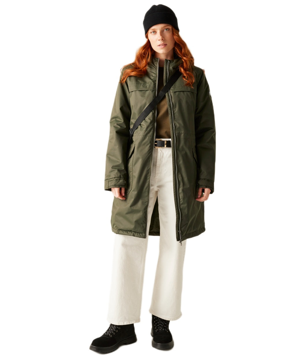 Dark Khaki Black Coloured Regatta Womens Romine II Waterproof Parka Jacket on white background 