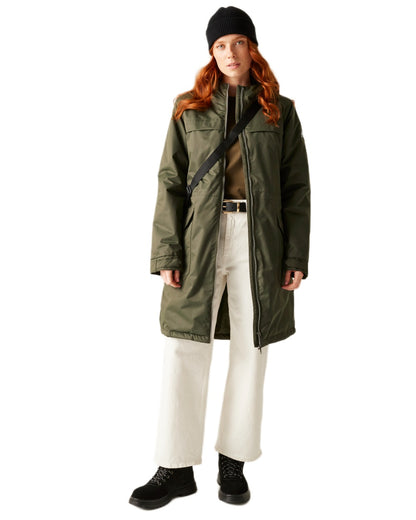 Dark Khaki Black Coloured Regatta Womens Romine II Waterproof Parka Jacket on white background 