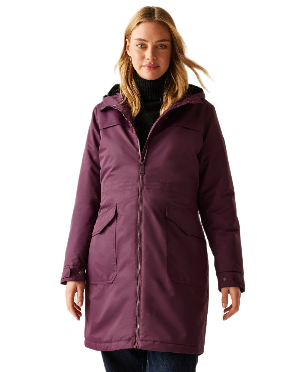 Fig Black Coloured Regatta Womens Romine II Waterproof Parka Jacket on white background 