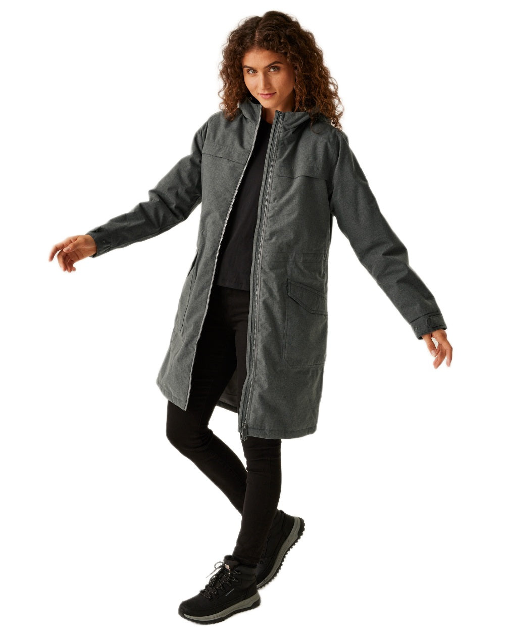 Grey Sky Marl Black Coloured Regatta Womens Romine II Waterproof Parka Jacket on white background 