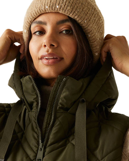 Dark Khaki Coloured Regatta Womens Rurietta Longer Length Bodywarmer on white background 