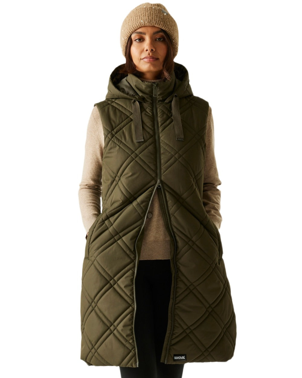 Dark Khaki Coloured Regatta Womens Rurietta Longer Length Bodywarmer on white background 