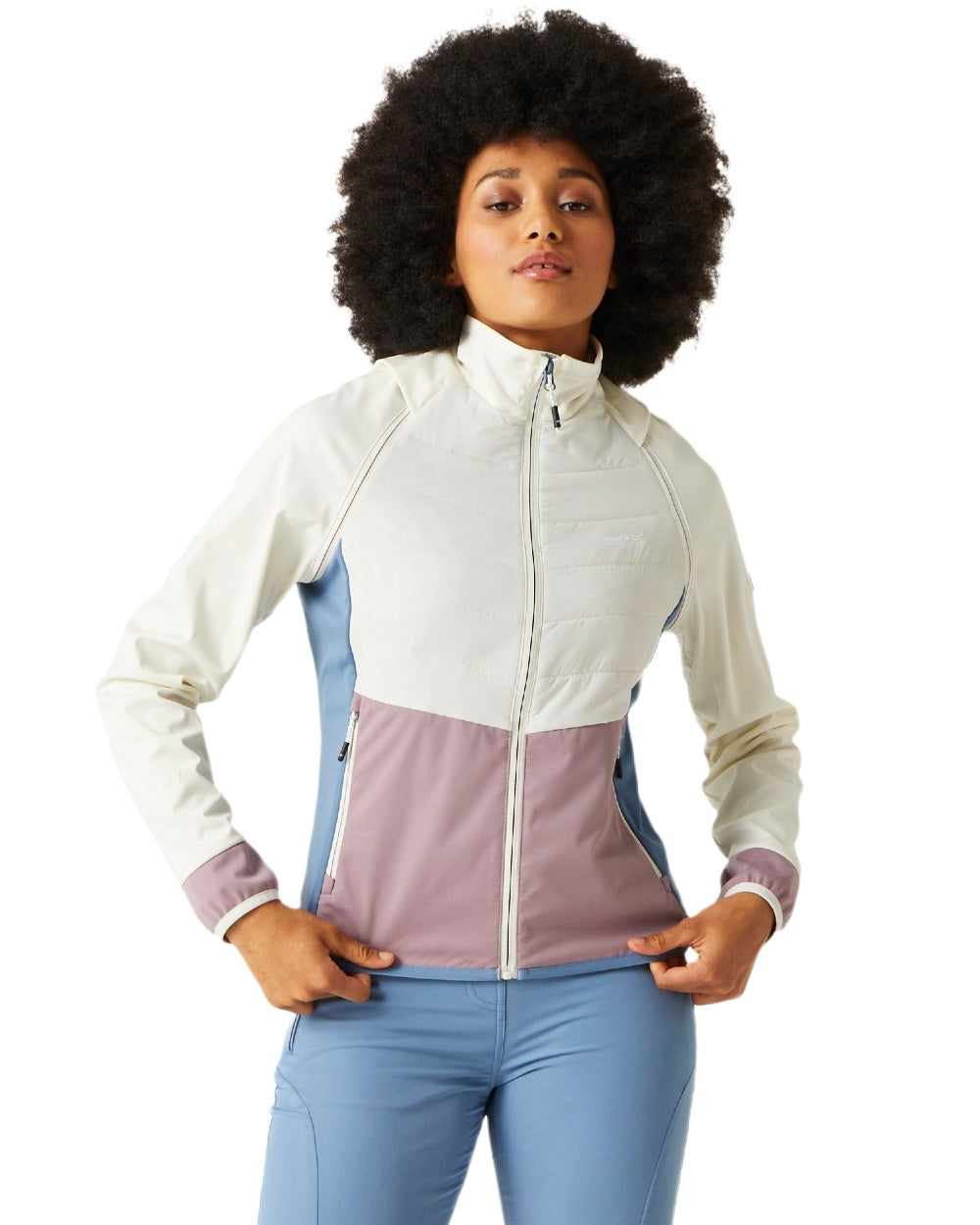 White Heather Coronet Blue Coloured Regatta Womens Steren II Hybrid Jacket on white background 