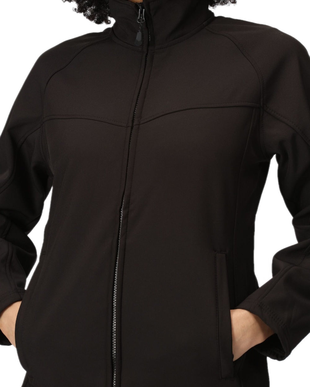 Black coloured Regatta Womens Uproar Softshell Jacket on white background 