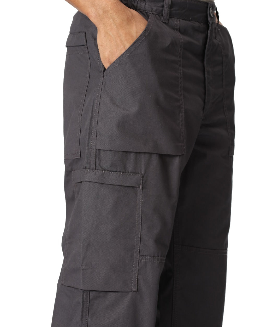 Dark Grey coloured Regatta Mens Multi Pocket Action Trousers Long Leg on white background 