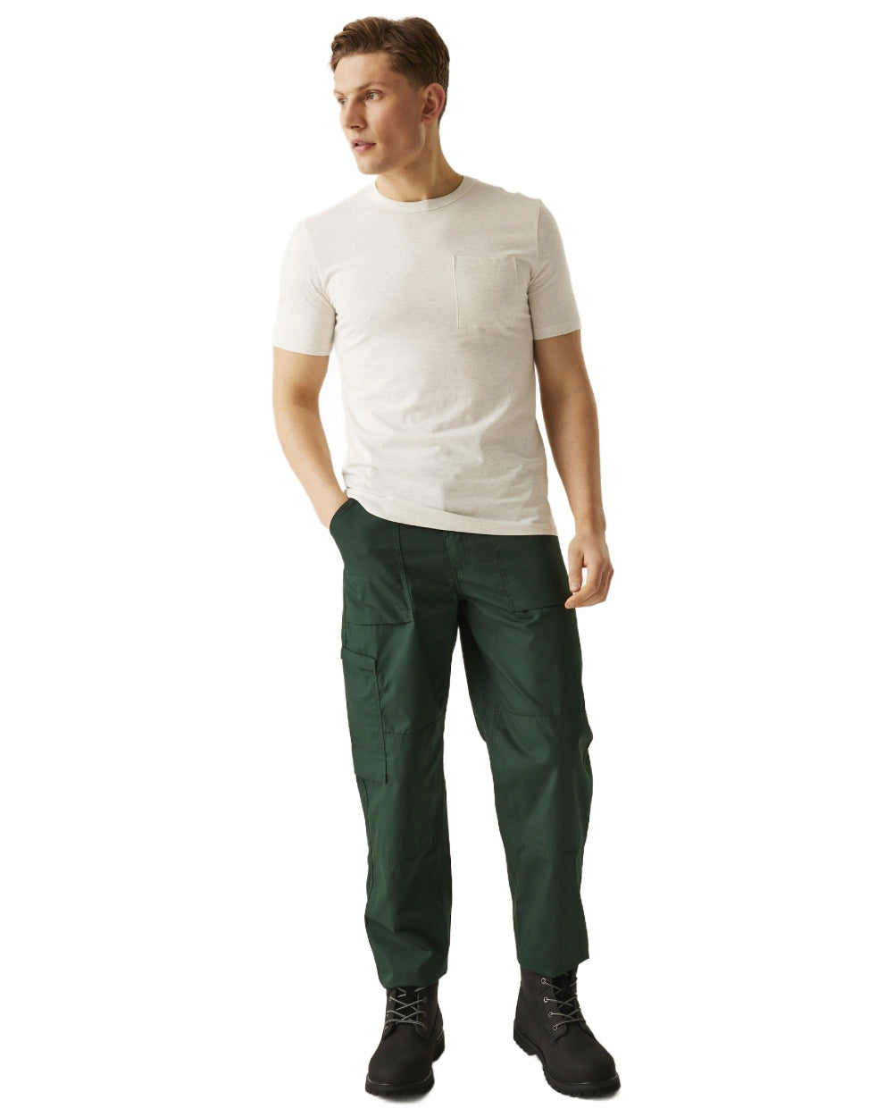 Green coloured Regatta Mens Multi Pocket Action Trousers Long Leg on white background 