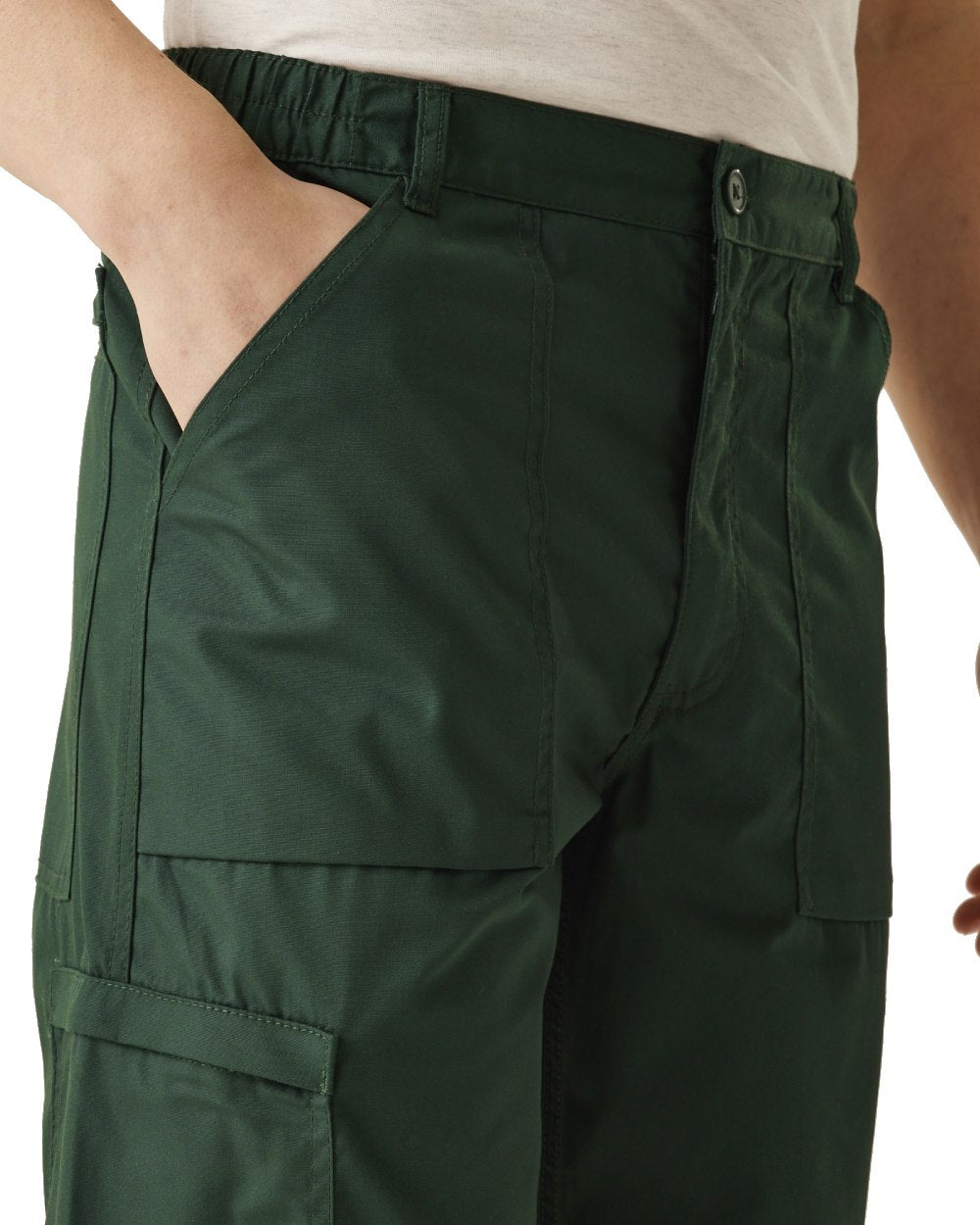 Green coloured Regatta Mens Multi Pocket Action Trousers Long Leg on white background 
